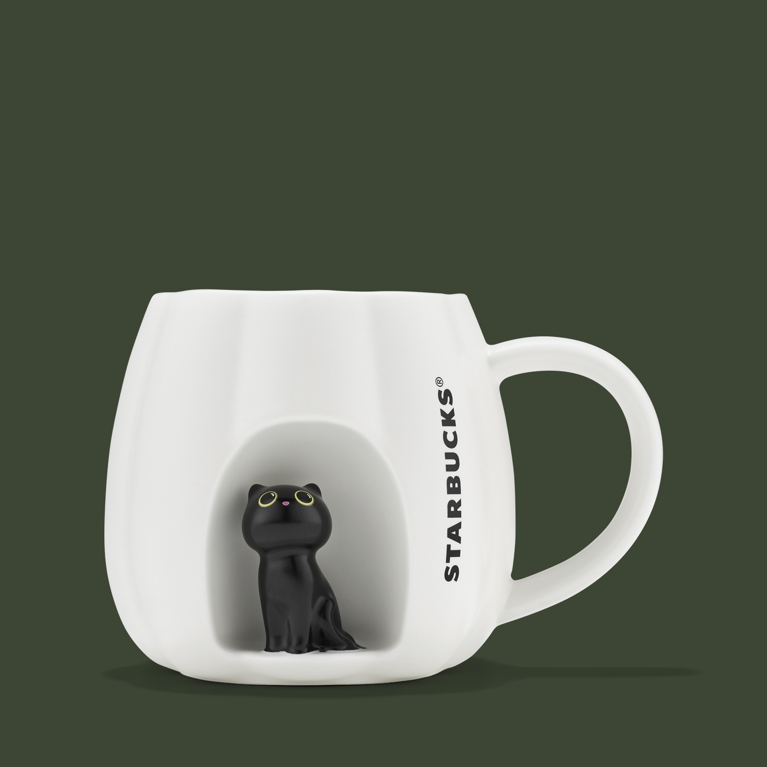 Mug Starbucks blanc Pumpkin Window Cat, avec un chat noir assis dans une niche creusée dans la paroi
